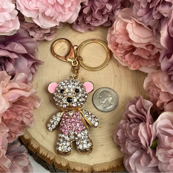 Pink and Silver Crystal Teddy Bear Keychain Charm - Picture 11 of 13